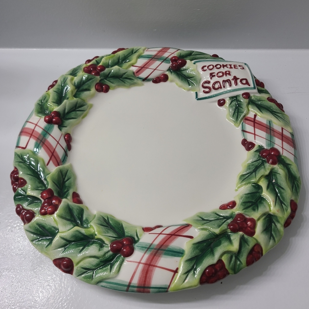 Fitz And Floyd Cookies For Santa 10” Plate Plaid Collection w/Holly Berries